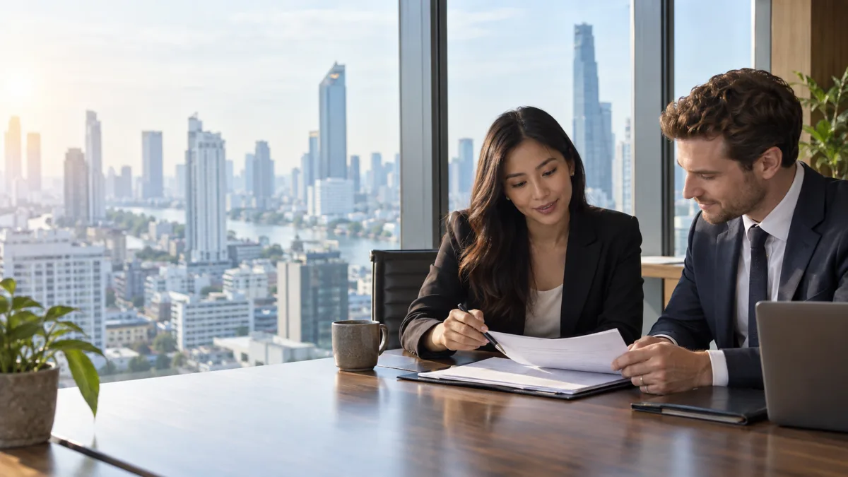 Thai hiring manager and international professional reviewing employment paperwork in a Bangkok office