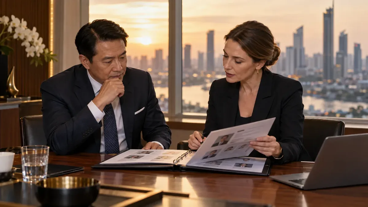 Senior executive and recruitment adviser reviewing a candidate portfolio in a Bangkok boardroom