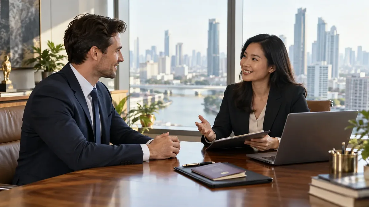 Recruitment professional consulting a foreign candidate in a Bangkok office