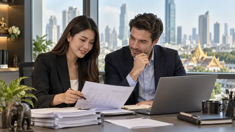 Payroll professionals reviewing employer payroll records in a Bangkok office